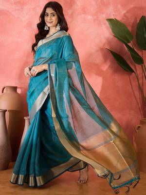 Teal khadi organza woven jacquard partywear saree 5