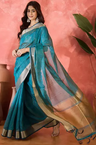 Teal khadi organza woven jacquard partywear saree