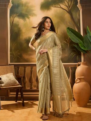Green khadi organza woven jacquard traditional festive wear saree 1