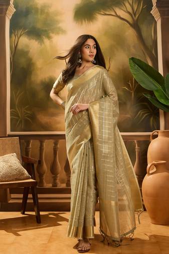 Green khadi organza woven jacquard traditional festive wear saree