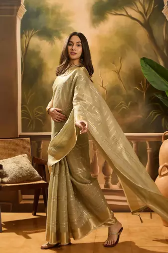 Green khadi organza woven jacquard traditional festive wear saree