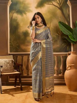 Grey khadi organza woven jacquard traditional festive wear saree 1