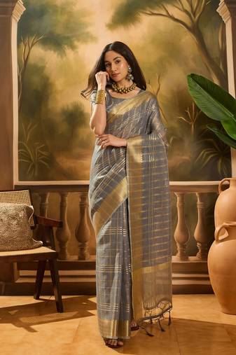 Grey khadi organza woven jacquard traditional festive wear saree