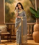 Grey khadi organza woven jacquard traditional festive wear saree