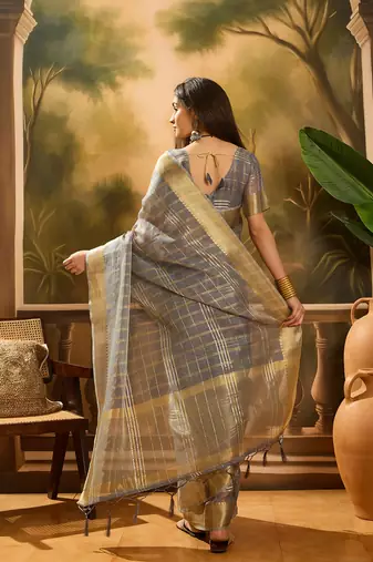 Grey khadi organza woven jacquard traditional festive wear saree