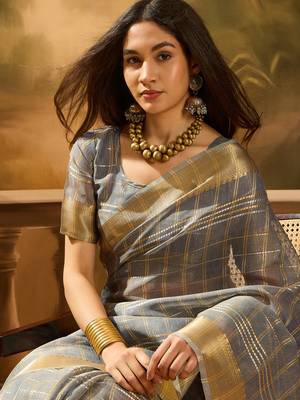 Grey khadi organza woven jacquard traditional festive wear saree 3