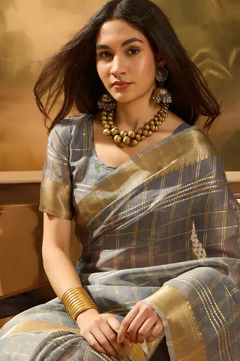 Grey khadi organza woven jacquard traditional festive wear saree