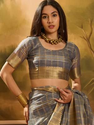 Grey khadi organza woven jacquard traditional festive wear saree 4