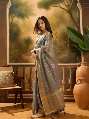 Grey khadi organza woven jacquard traditional festive wear saree 5