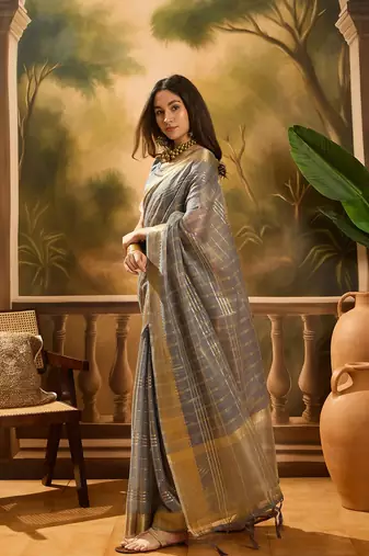 Grey khadi organza woven jacquard traditional festive wear saree