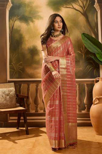 Rust khadi organza woven jacquard traditional festive wear saree