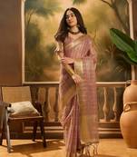 Purple khadi organza woven jacquard traditional festive wear saree
