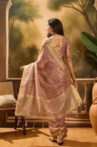 Purple khadi organza woven jacquard traditional festive wear saree