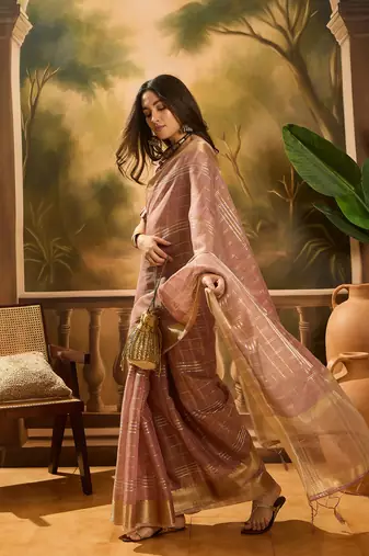 Purple khadi organza woven jacquard traditional festive wear saree