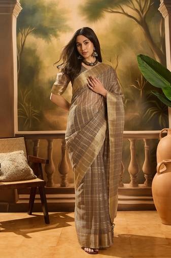 Brown khadi organza woven jacquard traditional festive wear saree