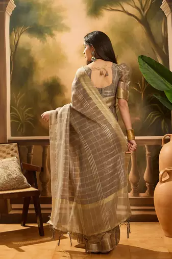 Brown khadi organza woven jacquard traditional festive wear saree