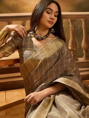 Brown khadi organza woven jacquard traditional festive wear saree 3