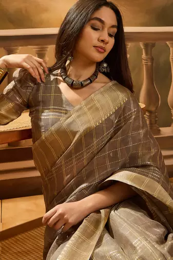Brown khadi organza woven jacquard traditional festive wear saree