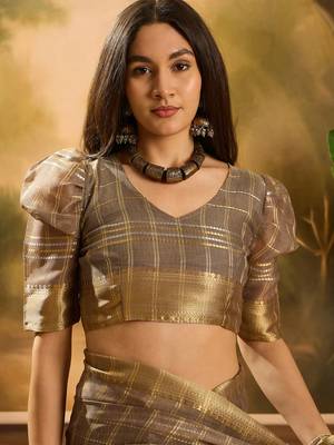 Brown khadi organza woven jacquard traditional festive wear saree 4