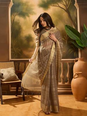 Brown khadi organza woven jacquard traditional festive wear saree 5
