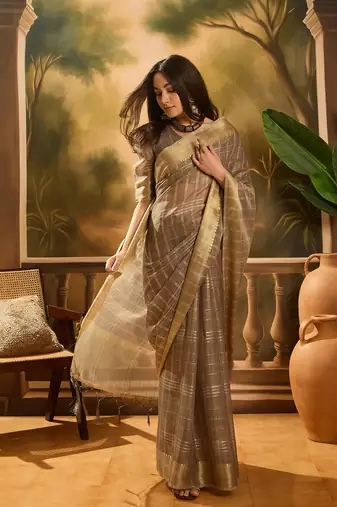 Brown khadi organza woven jacquard traditional festive wear saree