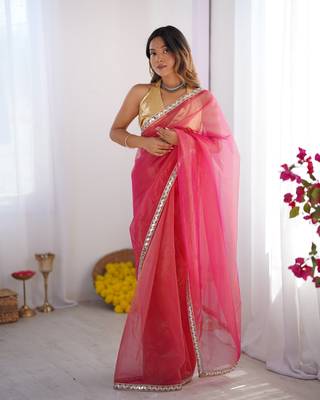 Pink twill net solid lace border style saree 1
