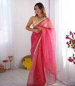 Pink twill net solid lace border bollywood style saree