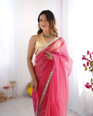 Pink twill net solid lace border style saree 4