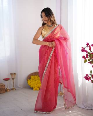Pink twill net solid lace border style saree 5