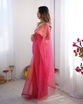 Pink twill net solid lace border style saree 6