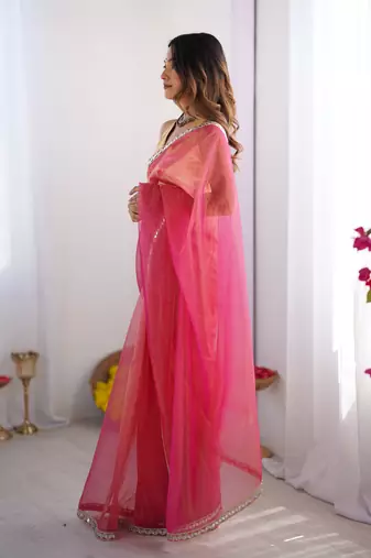 Pink twill net solid lace border style saree