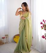 Pista satin gold organza solid lace border bollywood style saree