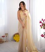 Peach satin gold organza solid lace border bollywood style saree