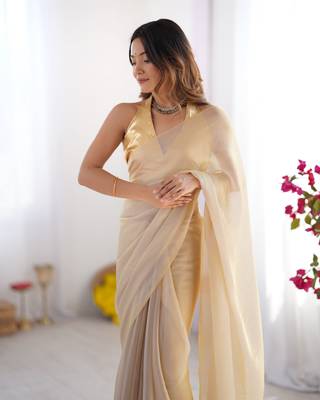 Peach satin gold organza solid lace border style saree 4