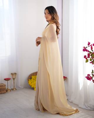 Peach satin gold organza solid lace border style saree 5