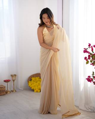 Peach satin gold organza solid lace border style saree 6