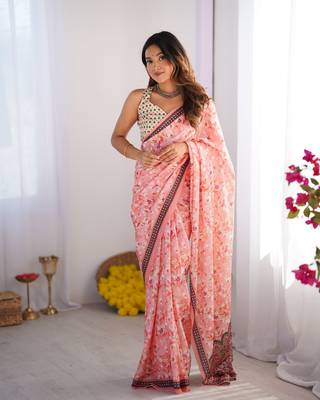 Pink chinon printed style saree 1