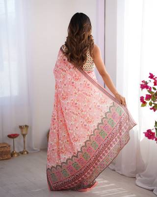Pink chinon printed style saree 3