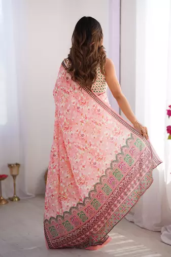 Pink chinon printed style saree