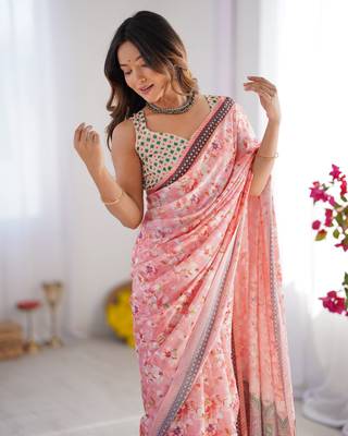 Pink chinon printed style saree 4