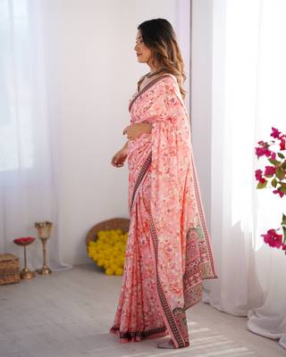 Pink chinon printed style saree 5