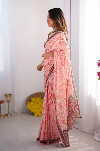 Pink chinon printed style saree