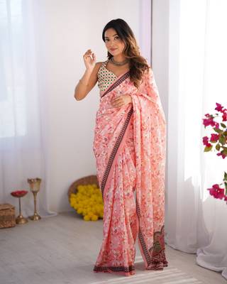 Pink chinon printed style saree 6