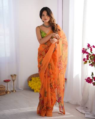 Orange organza printed style saree 1