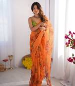 Orange organza printed bollywood style saree