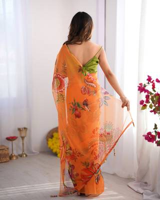 Orange organza printed style saree 3
