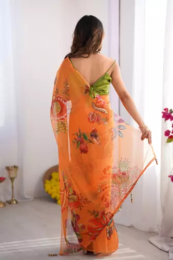 Orange organza printed style saree
