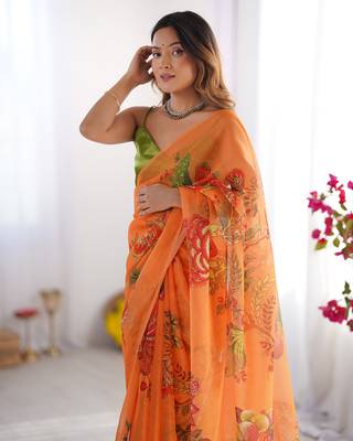 Orange organza printed style saree 4