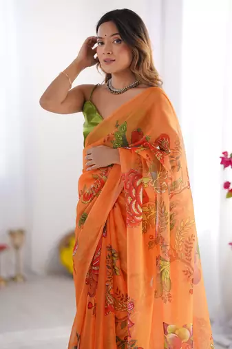 Orange organza printed style saree