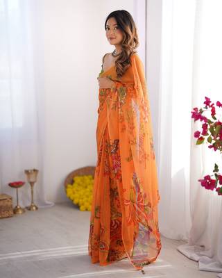Orange organza printed style saree 5